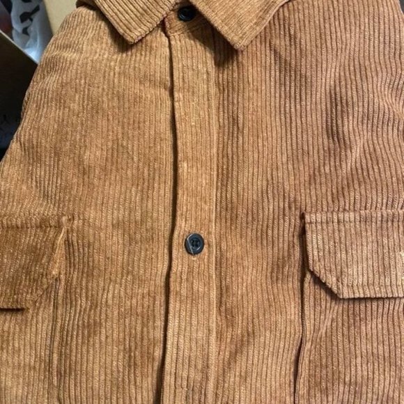 Casual Khaki Corduroy Men's Solid Shirt - Picture 8 of 9